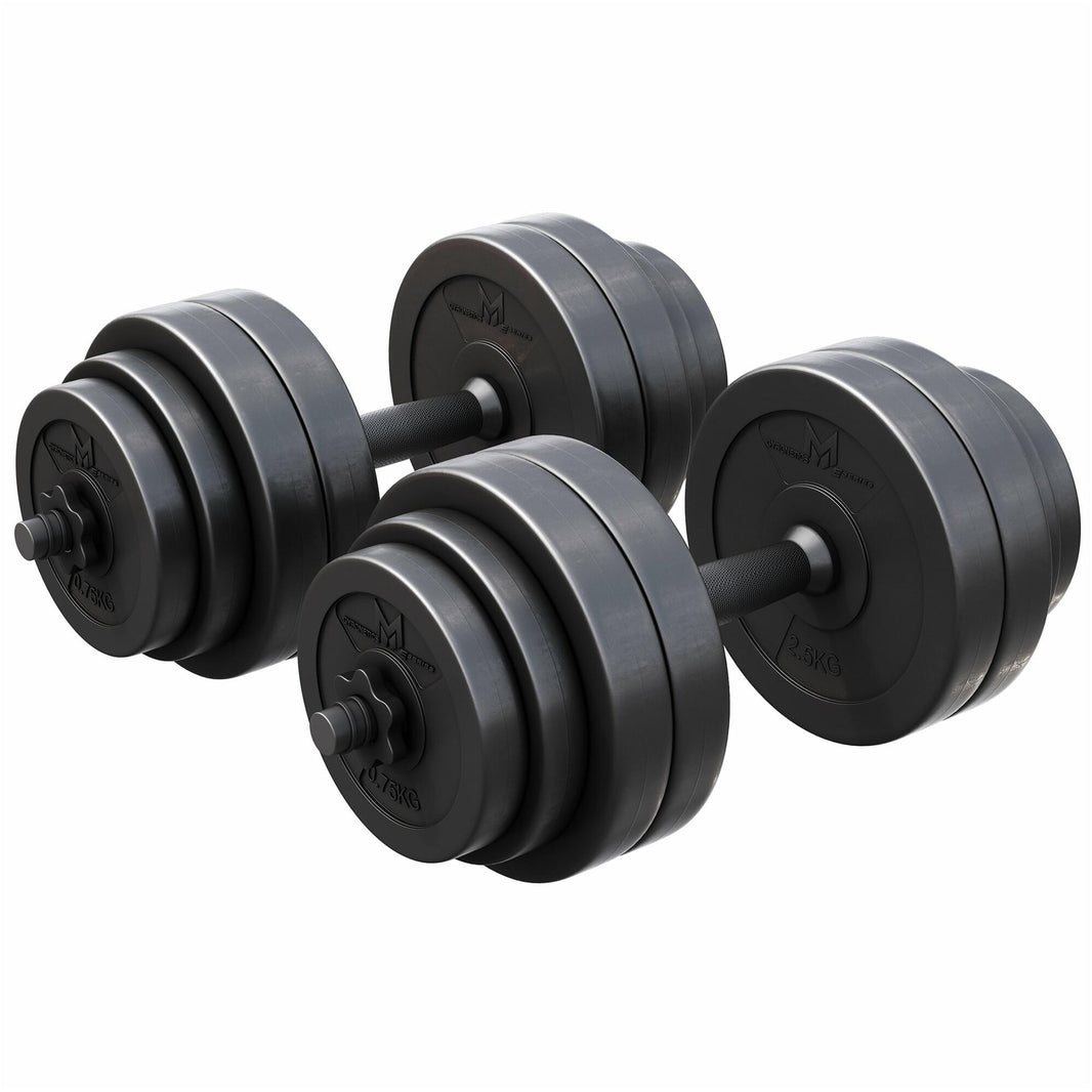 Set D'haltères GORILLA SPORTS 70 Kg – 2 Barres Courtes 35 Cm + Barre SZ 120 Cm – 14 Disques (1,25 à 10 Kg) – 6 Fermetures – En Plastique Avec Ciment